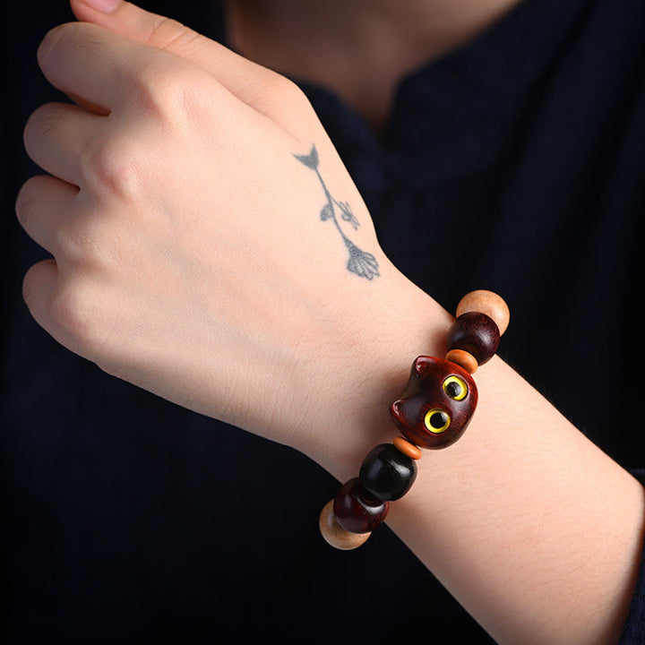 Buddha Stones Small Leaf Red Sandalwood Ebony Wood Cute Cat Engraved Protection Bracelet