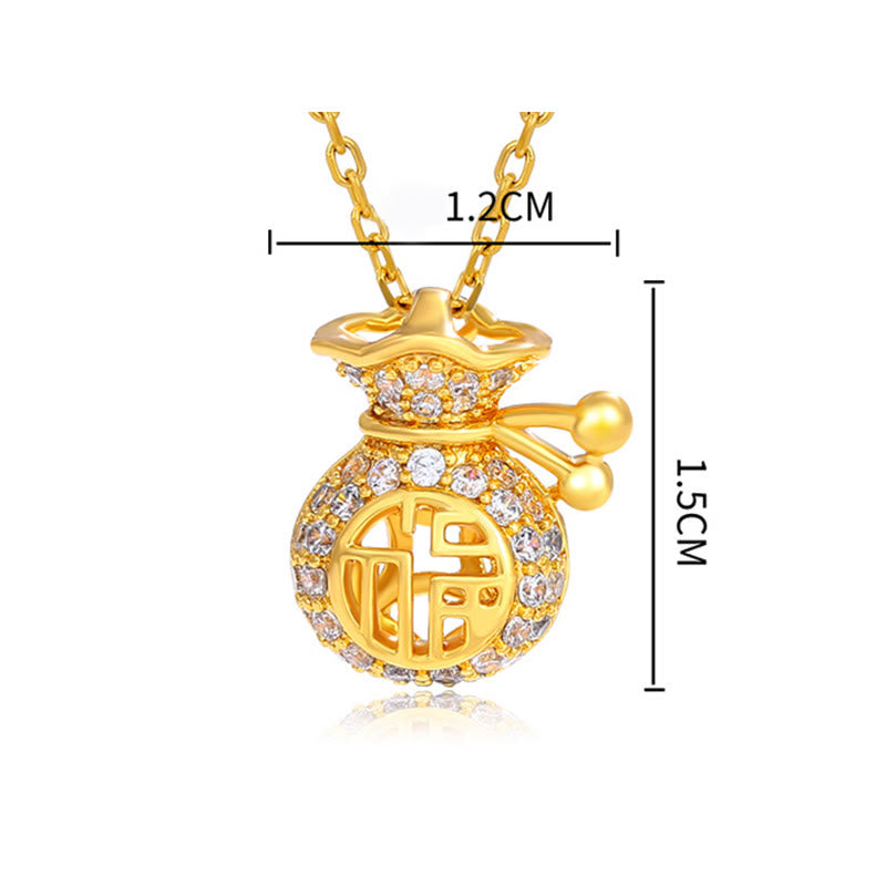 24K Gold Plated Fu Character Fortune Money Bag Necklace Pendant