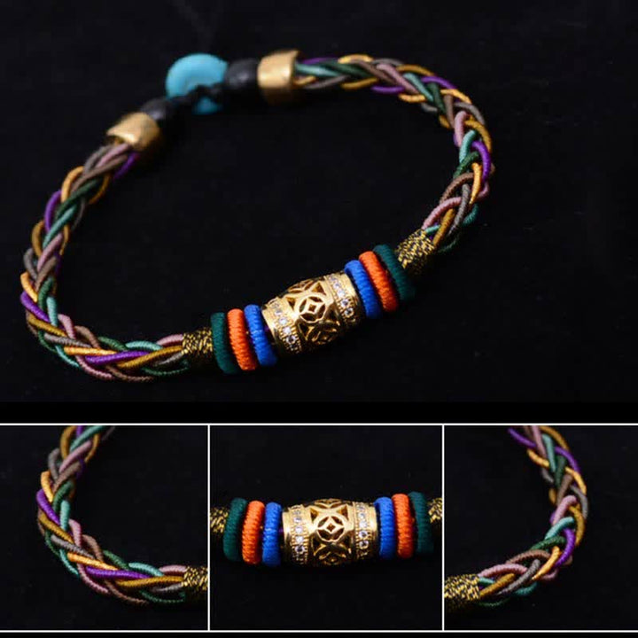 Buddha Stones Tibetan Handmade Eight Thread Knot Copper Coin Luck Weave String Bracelet