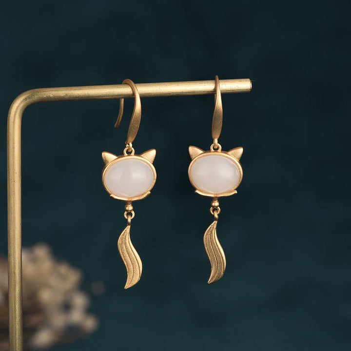 FengShui White Jade Fox Fortune Earrings