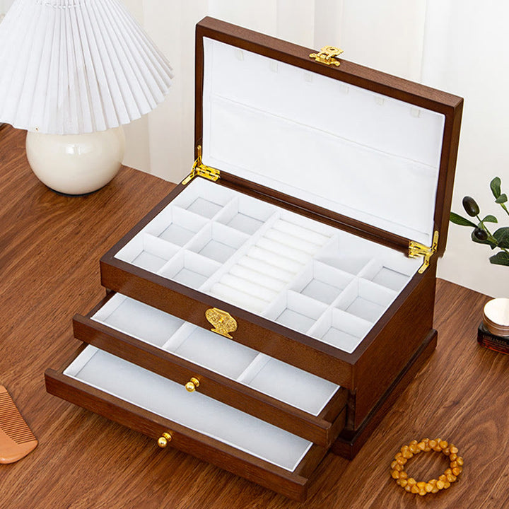 Buddha Stones Retro Wooden Jewelry Box Three-Layer Jewelry Storage Box