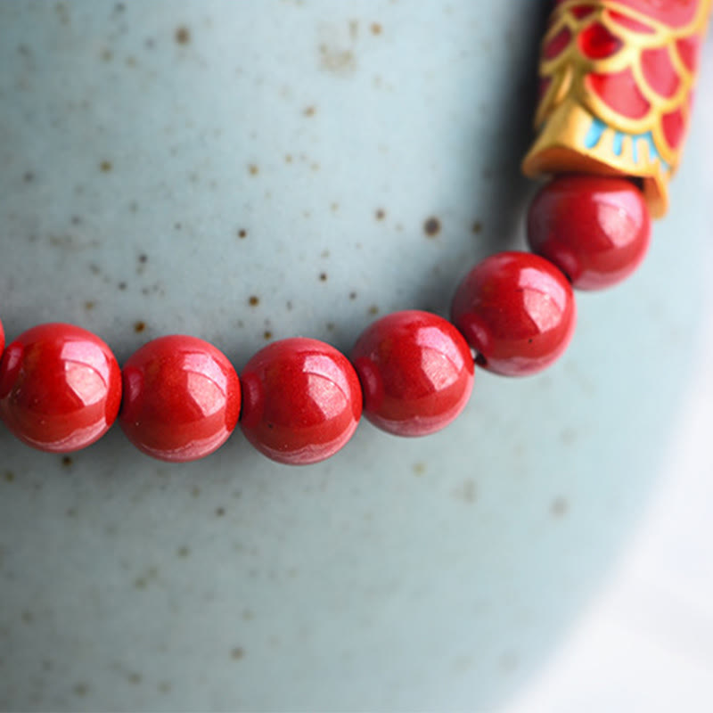 Buddha Stones Natural Strawberry Quartz Cinnabar Lucky Koi Fish Healing Bracelet