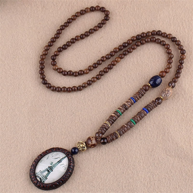 Buddha Stones Tibetan Wenge Wood Bodhi Seed Agate Elephant Protection Necklace Pendant