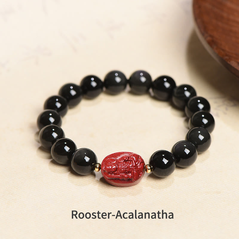 Buddha Stones Chinese Zodiac Natal Buddha Natural Black Obsidian Cinnabar Purification Bracelet