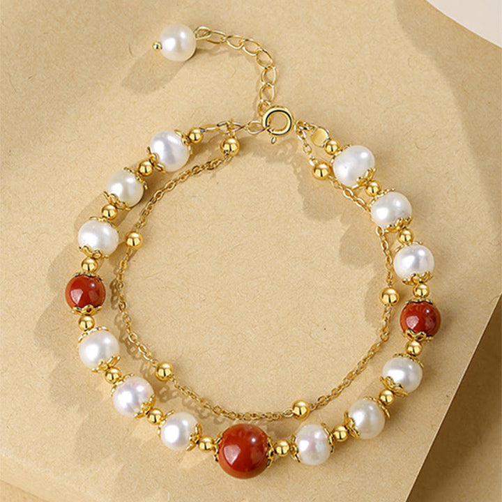 Buddha Stones 925 Sterling Silver Pearl Cinnabar Wisdom Bead Double Layer Chain Bracelet