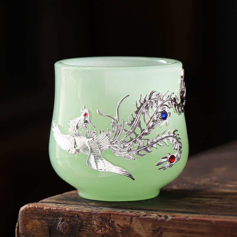 Lotus Dragon Phoenix Flower Ceramic Teacup Tea Cups