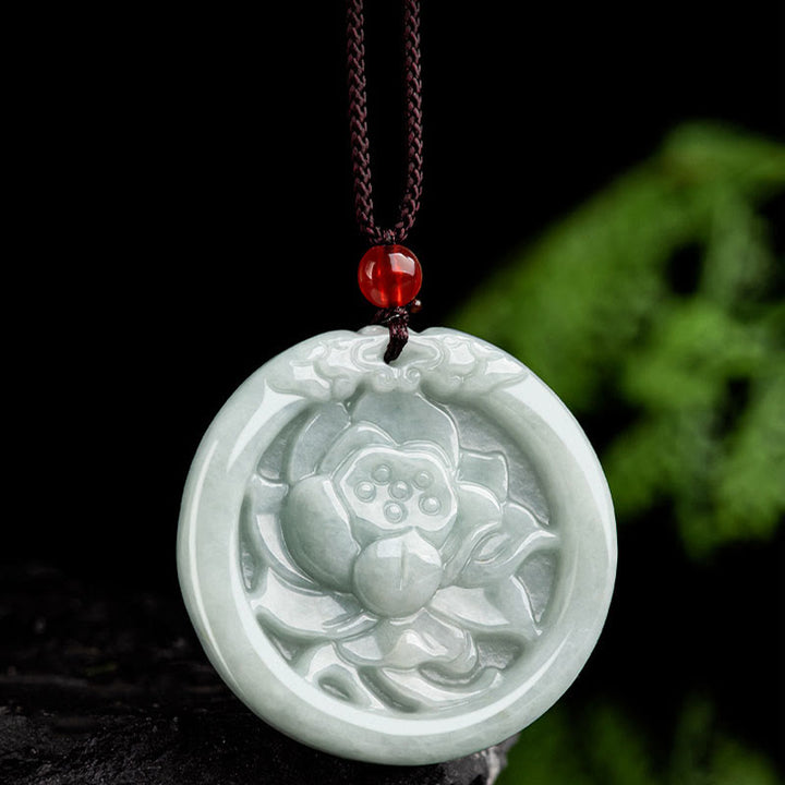 Buddha Stones Natural Jade Lotus Flower Carved Prosperity Necklace Pendant