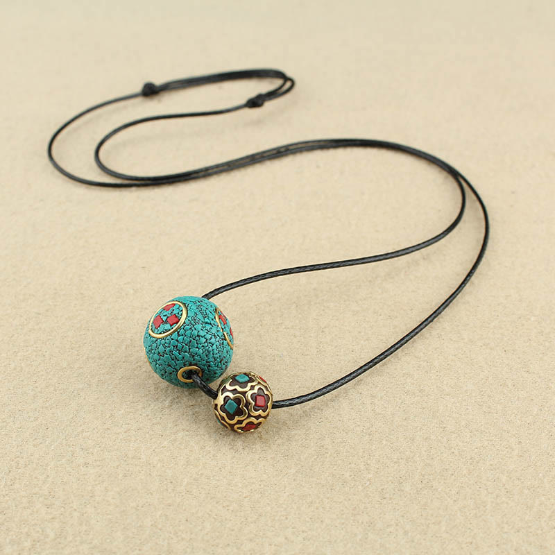 Buddha Stones Tibetan Turquoise Double Bead Protection Strength Necklace Pendant