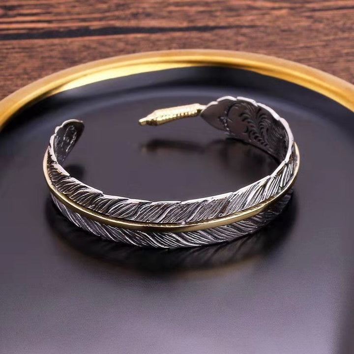 Buddha Stones Feather Pattern Carved Luck Wealth Cuff Bracelet Bangle