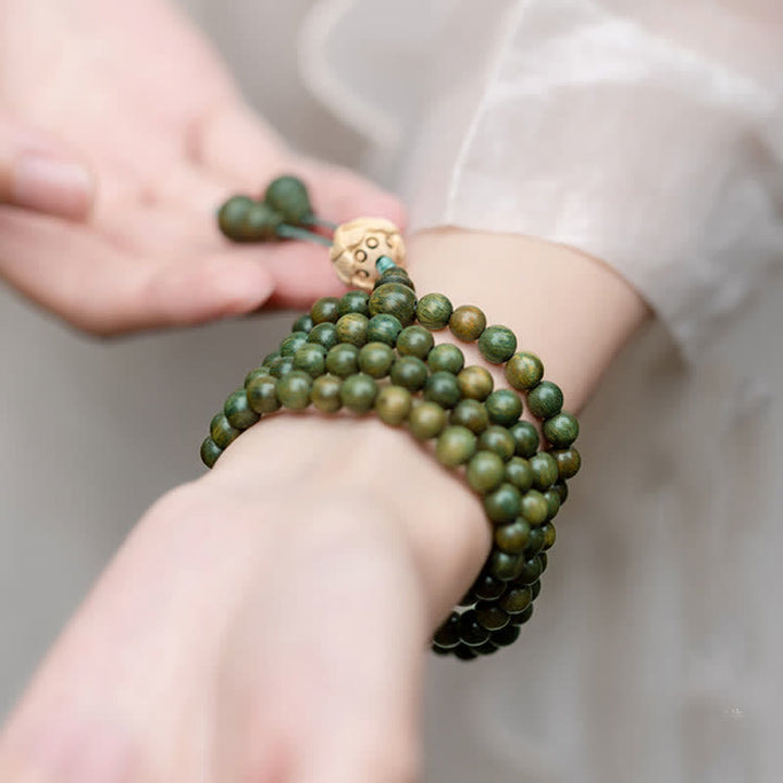 Buddha Stones 108 Mala Beads Green Sandalwood Boxwood Lotus Positive Bracelet