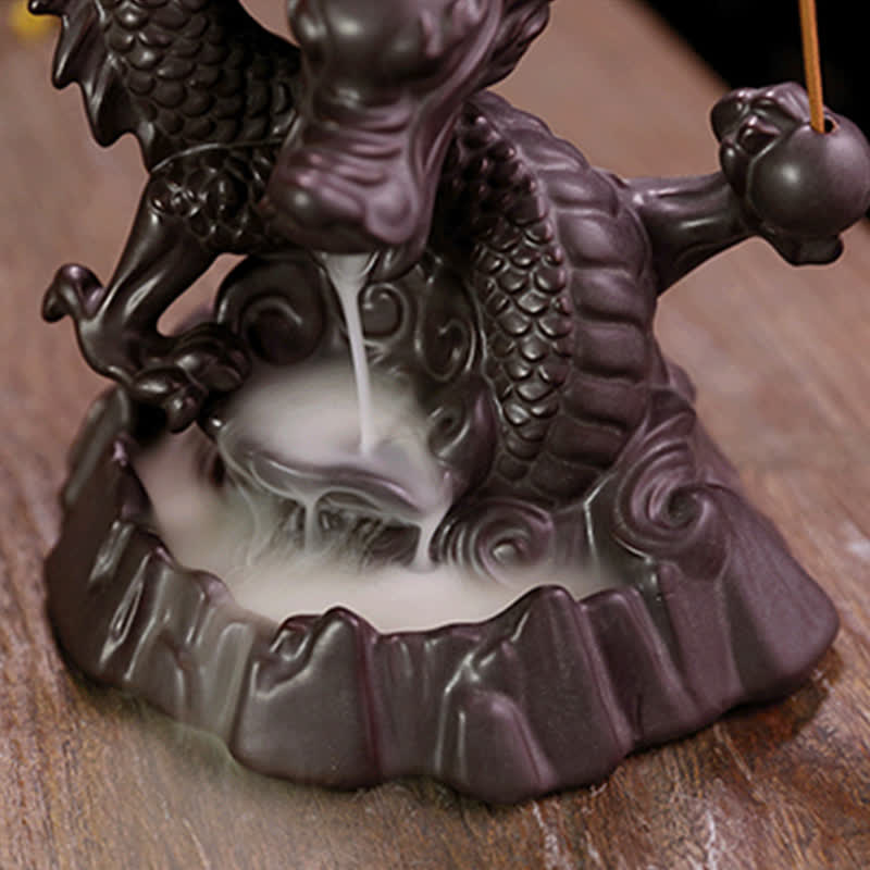 Auspicious Dragon Ceramic Backflow Smoke Fountain Meditation Healing Incense Burner Led Ball Decoration