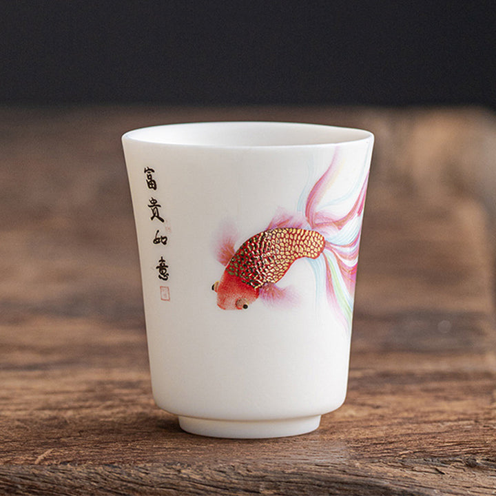 Buddha Stones Koi Fish White Porcelain Ceramic Teacup Kung Fu Tea Cup