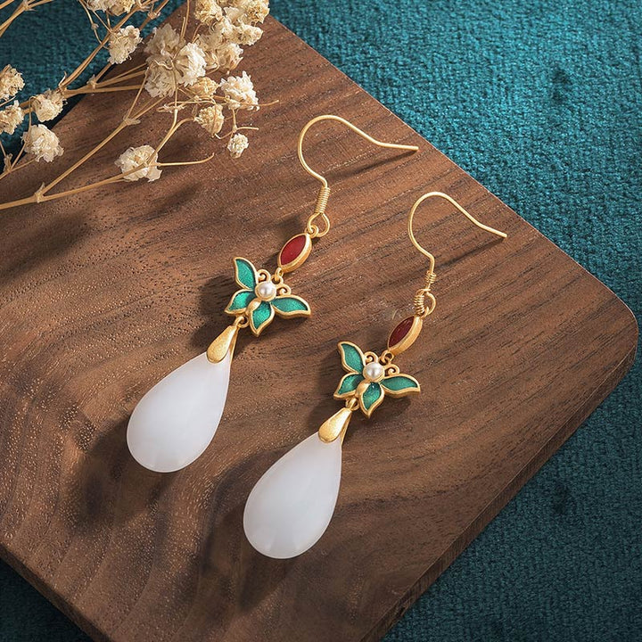 Buddha Stones FengShui White Jade Luck Drop Earrings