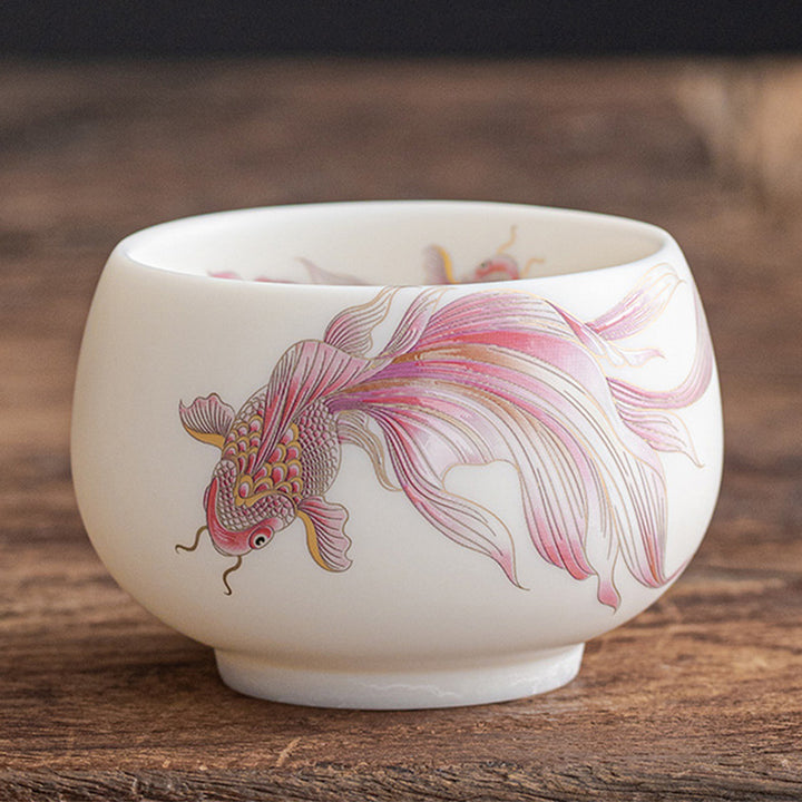 Buddha Stones Koi Fish White Porcelain Ceramic Teacup Kung Fu Tea Cup