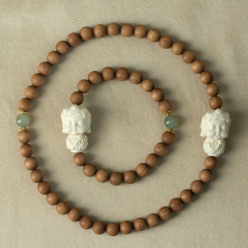 Buddha Stones Sandalwood Hetian Jade Ivory Fruit Green Tara Protection Bracelet