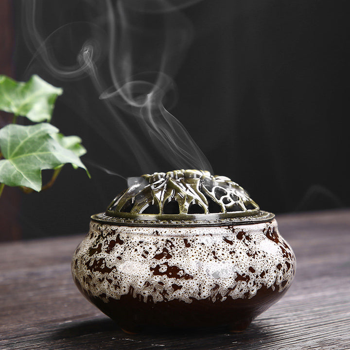 Flower Pattern Ceramic Blessing Meditation Incense Burner Decoration