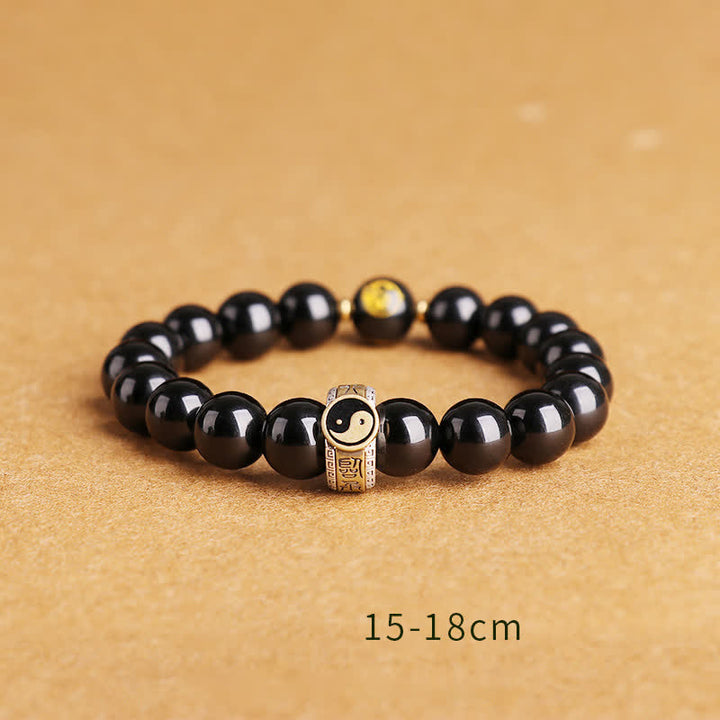 Buddha Stones 925 Sterling Silver Black Obsidian Gold Sheen Obsidian Silver Sheen Obsidian Yin Yang Protection Bracelet