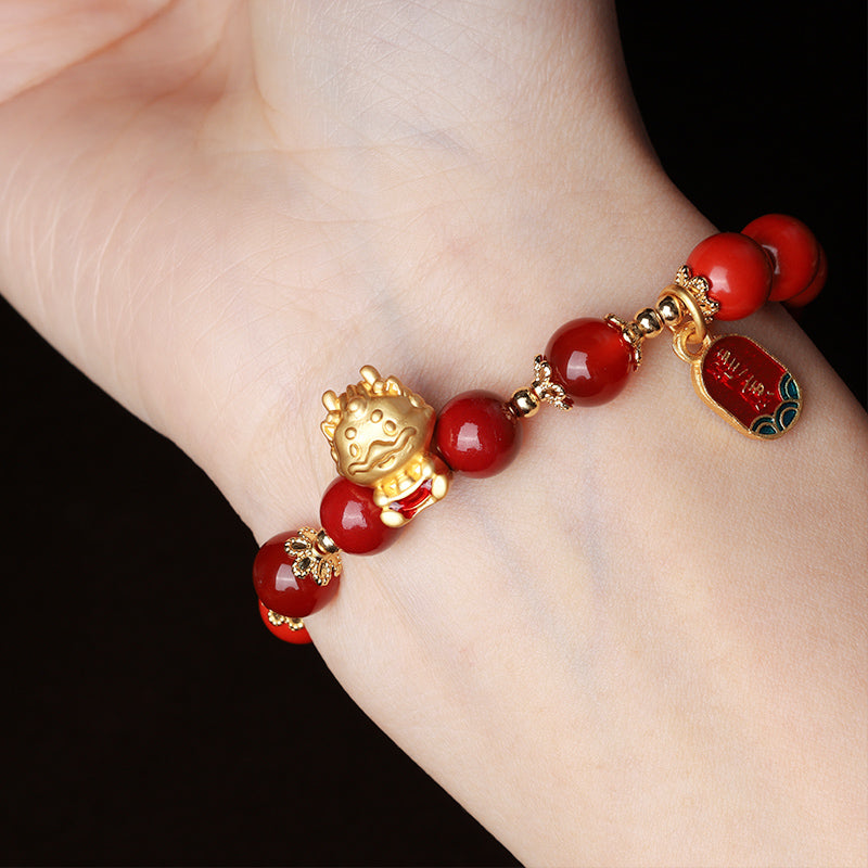 Buddha Stones Year of the Dragon Natural Cinnabar Ingot Protection Bracelet