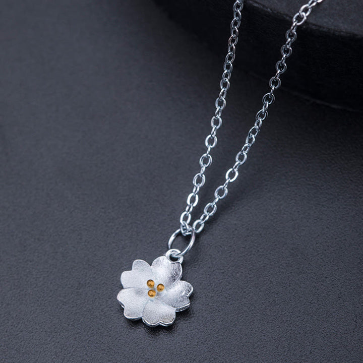 Buddha Stones 925 Sterling Silver Cherry Blossom Flower Blessing Necklace Pendant