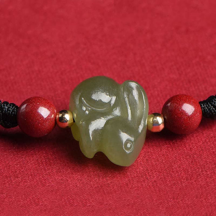 Year of the Rabbit Hetian Jade Bunny Cinnabar Beaded Abundance String Bracelet