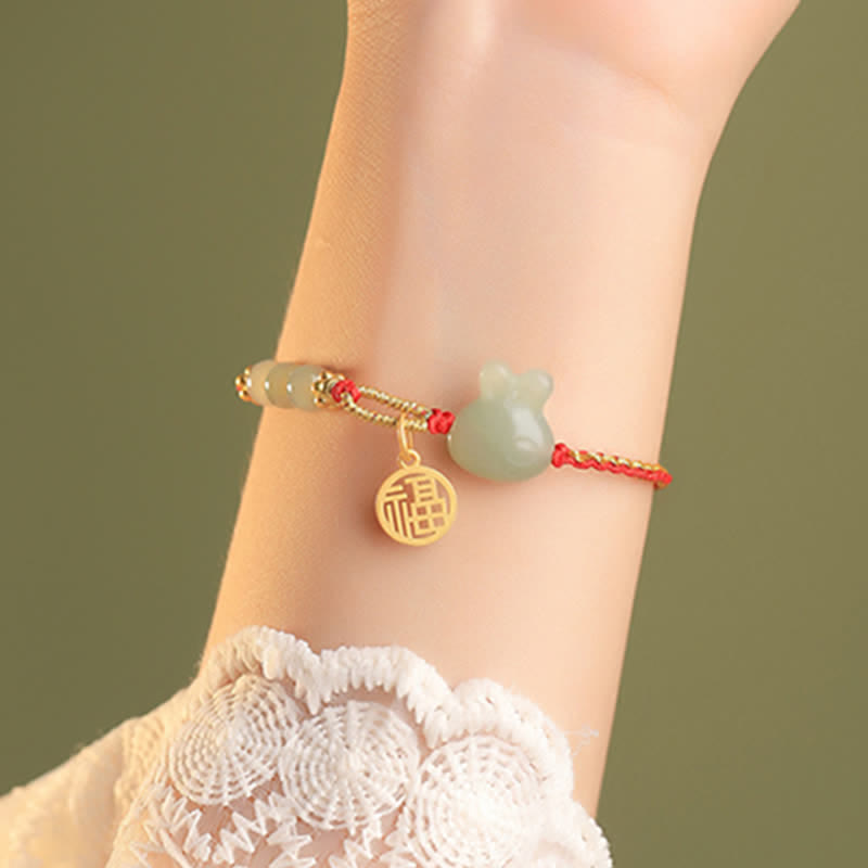 925 Sterling Silver Year of the Rabbit Hetian Jade Happiness Luck Red String Bracelet