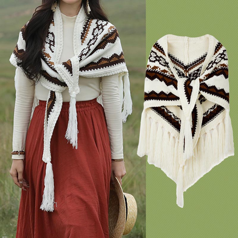 Buddha Stones Tibetan Triangular Shawl Striped Tassels Winter Cozy Travel Scarf Wrap