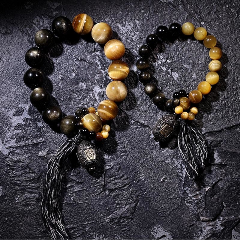 Buddha Stones Natural Gold Sheen Obsidian Tiger Eye Wealth Tassel Bracelet