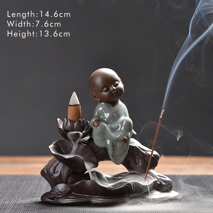 Buddha Little Monk Ceramic Lotus Blessing Incense Burner Decoration