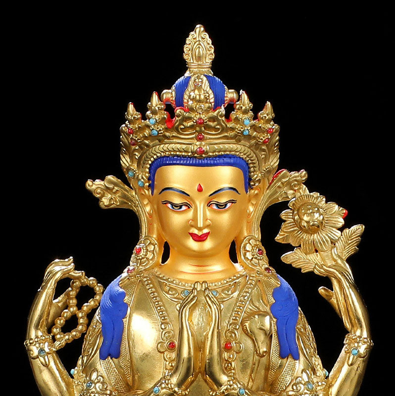 Chenrezig Four-armed Avalokitesvara Protection Copper Gold Plated Statue Decoration