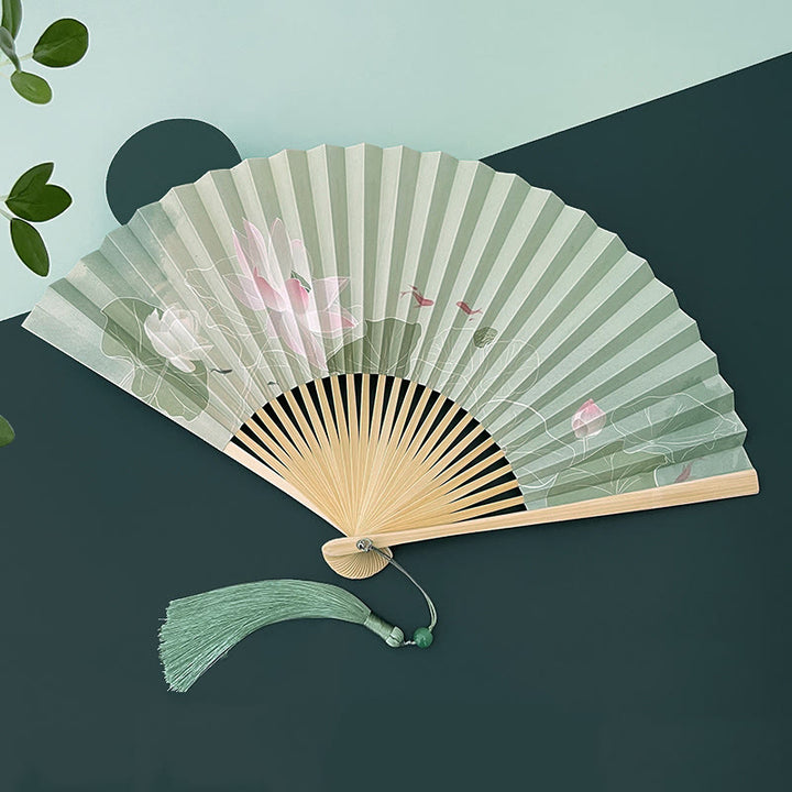 Buddha Stones Lotus Flowers Leaf Koi Fish Handheld Paper Bamboo Folding Fan