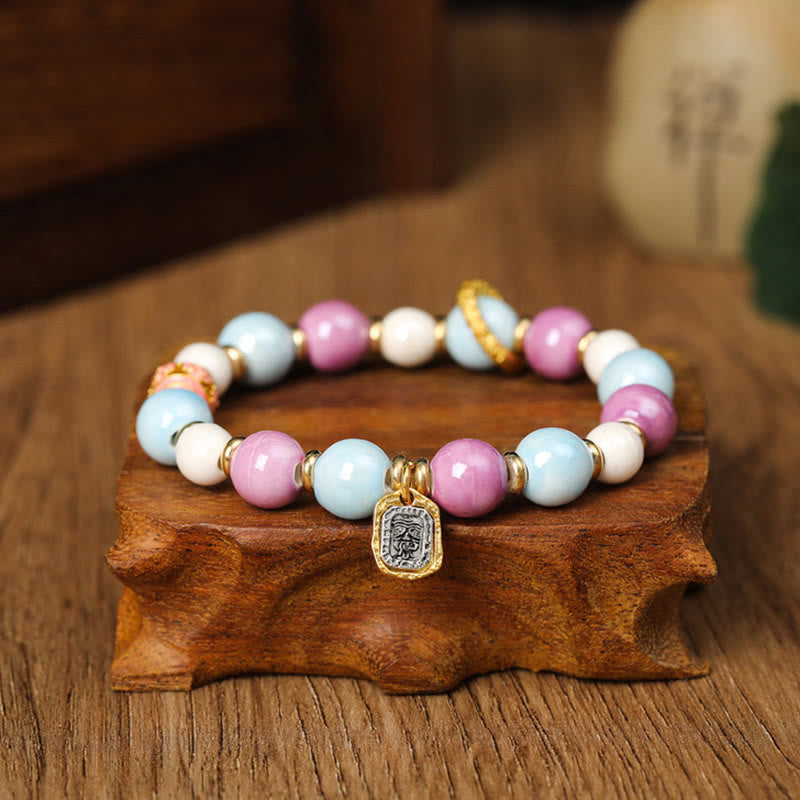 Buddha Stones Tibetan Zakiram Goddess of Wealth Rabbit Lion Head Charm Liuli Glass Incense Ash Porcelain Bead Protection Bracelet