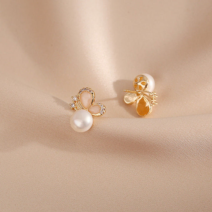 Buddha Stones 18K Gold Pearl Butterfly Love Freedom Stud Earrings