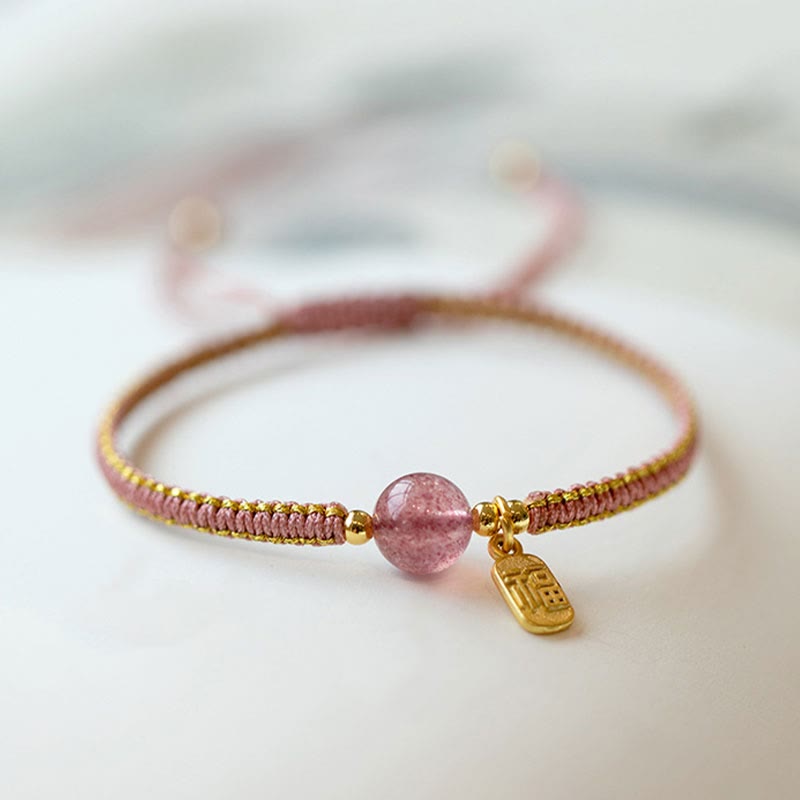 Buddha Stones Handmade Strawberry Quartz Hetian Jade Bead Fu Character Healing Bracelet