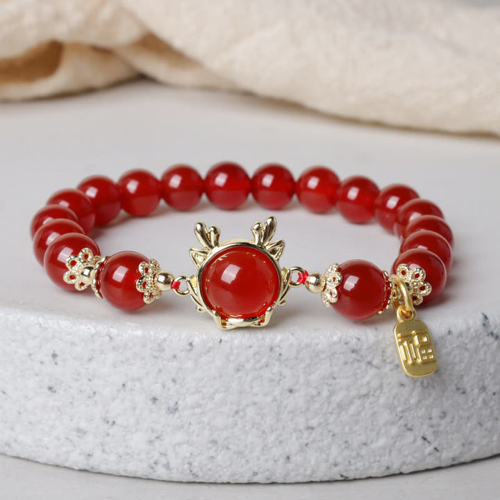 Buddha Stones Year of the Dragon Red Agate Jade Peace Buckle Fu Character Success Bracelet