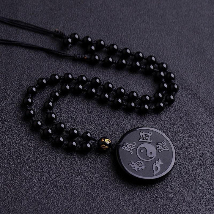 Buddha Stones Natural Black Obsidian Taoism Five Sacred Mountains Nine-Character Mantra Carved Strength Yin Yang Necklace Pendant Key Chain