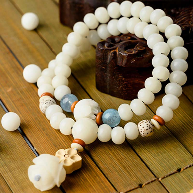 Buddha Stones Tibetan White Jade Bodhi Lotus Blessing Bracelet