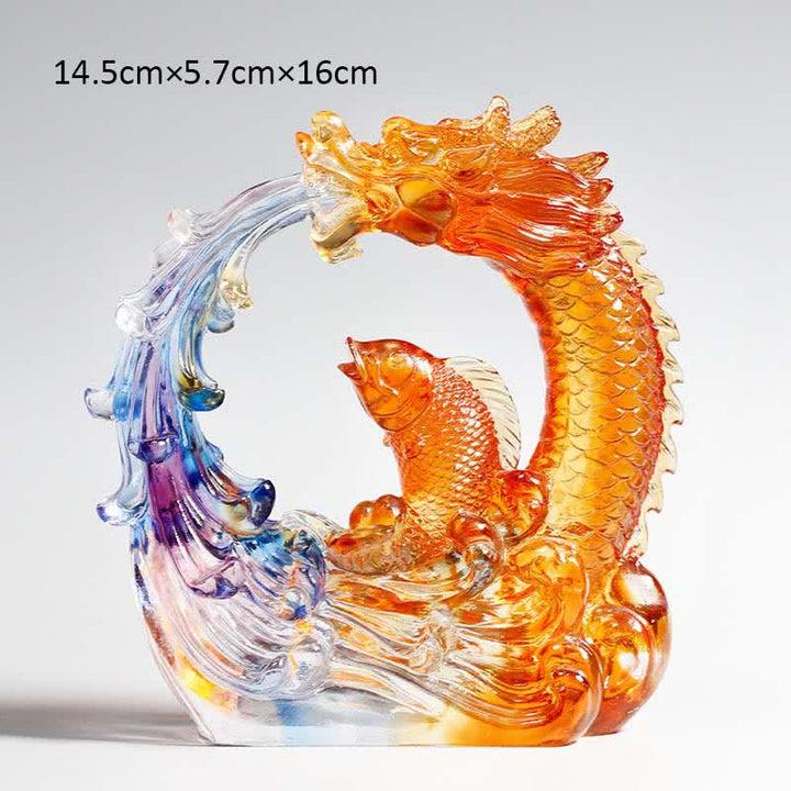 Feng Shui Dragon Koi Fish Handmade Liuli Crystal Art Piece Home Office Decoration