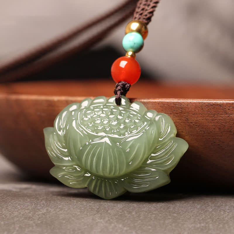 Hetian Cyan Jade Lotus Flower Success Necklace Pendant