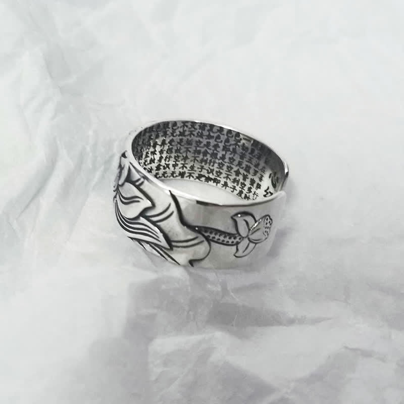 999 Sterling Silver Lotus Symbol Heart Sutra Protection Ring