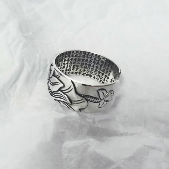 999 Sterling Silver Lotus Symbol Heart Sutra Protection Ring