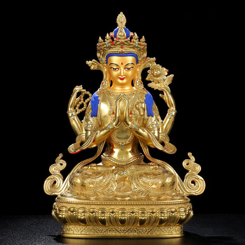 Chenrezig Four-armed Avalokitesvara Protection Copper Gold Plated Statue Decoration