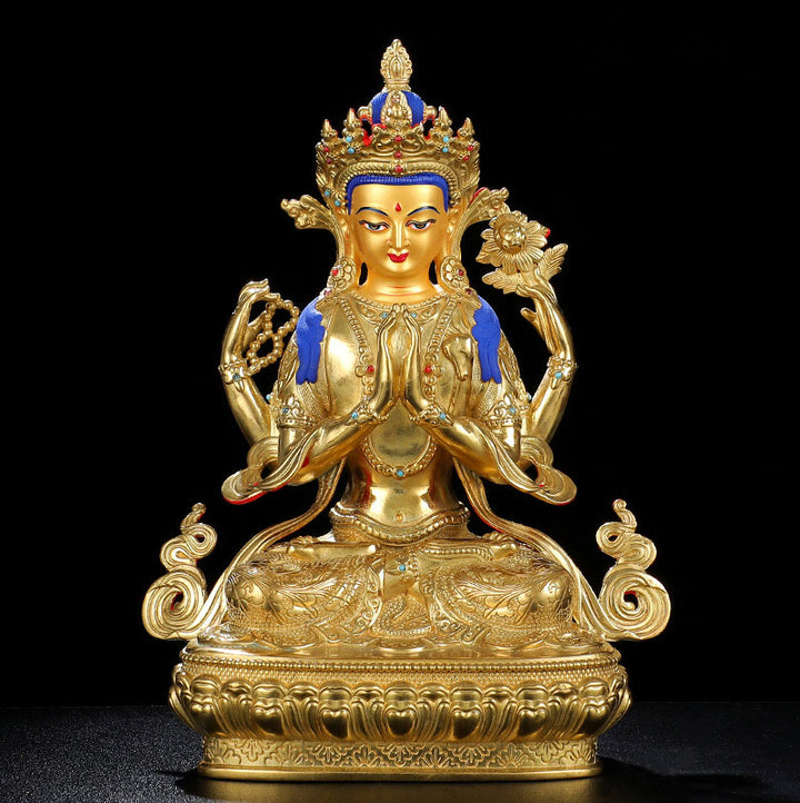 Chenrezig Four-armed Avalokitesvara Protection Copper Gold Plated Statue Decoration