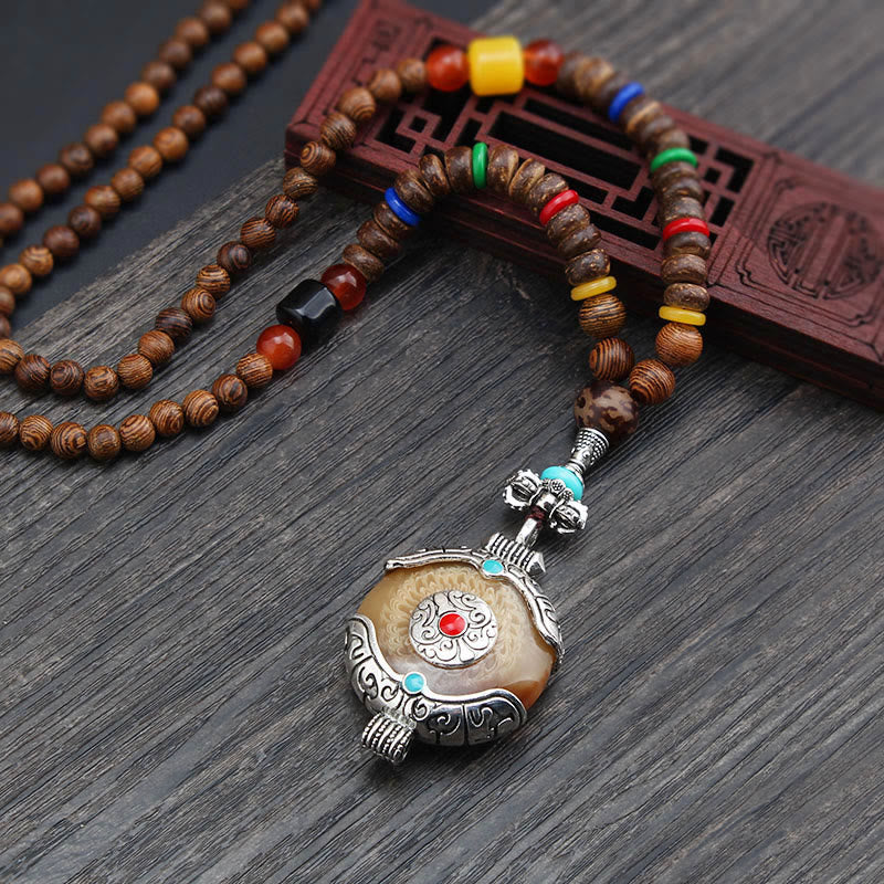 Buddha Stones Tibetan Wenge Wood Bodhi Seed Agate Elephant Protection Necklace Pendant