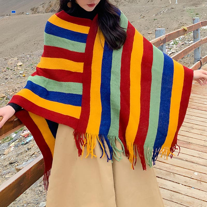 Buddha Stones Tibetan Colorful Striped Design Shawl Tassels Pullover Winter Cozy Travel Scarf Wrap