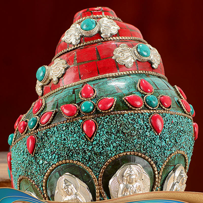 Tibetan Handmade Shankha Om Mani Padme Hum Buddha Avalokitesvara Turquoise Conch Shell Positive Decoration