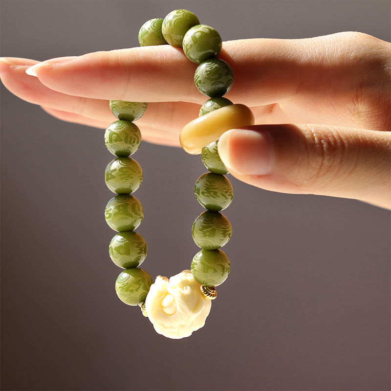 Buddha Stones Green Bodhi Seed Ivory Fruit Dancing Lion Om Mani Padme Hum Engraved Peace Bracelet