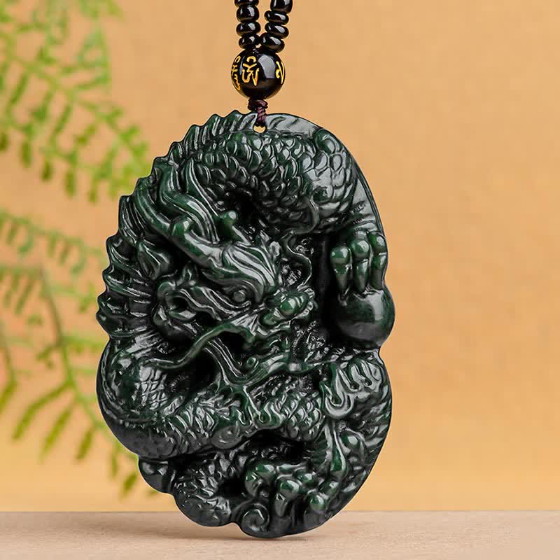 Hetian Cyan Jade Dragon Success Harmony Necklace Beaded String Pendant