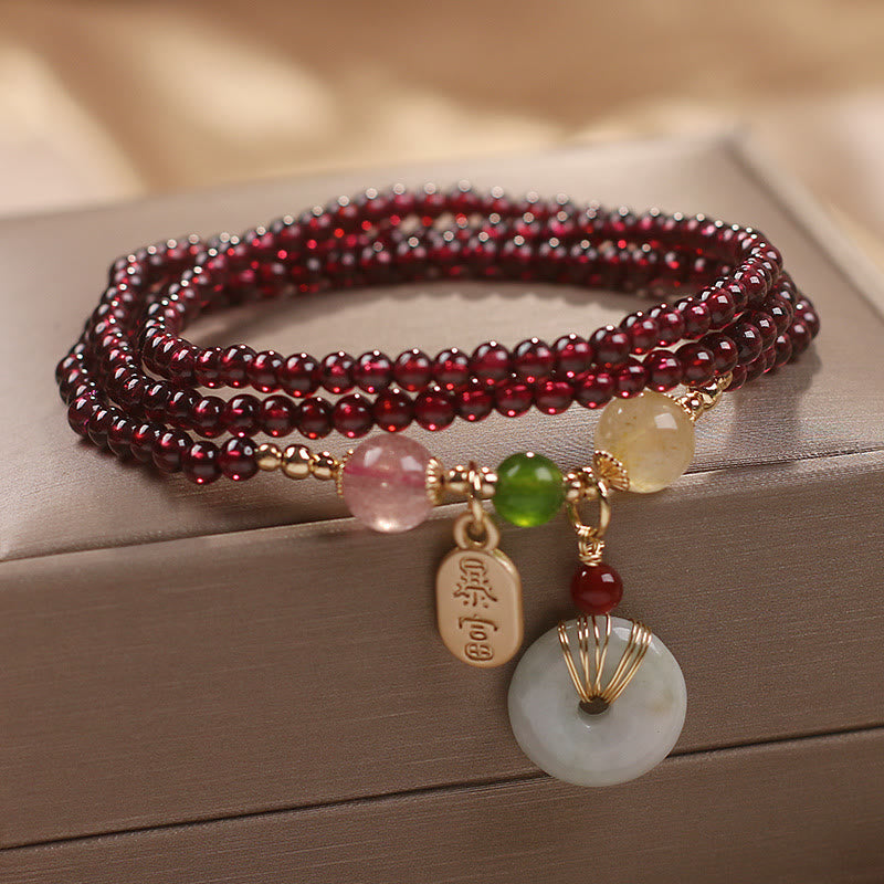 Buddha Stones Natural Garnet Strawberry Quartz Crystal Fox Koi Fish Peace Buckle Fortune Protection Triple Wrap Bracelet