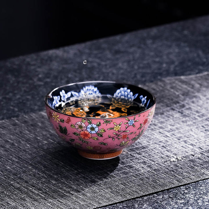 Buddha Stones Koi Fish Chrysanthemum Peony Flower Butterfly Ceramic Teacup Kung Fu Tea Cup Bowl 100ml