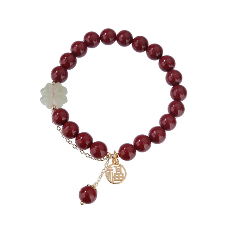 Buddha Stones Cinnabar Fu Character Hetian Jade Lucky Four Leaf Clover Blessing Bracelet